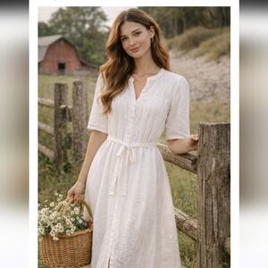 Holiday Maya Shirt Dress Tie 3/4 Puff Sleeves Pleated Front Midi Small White